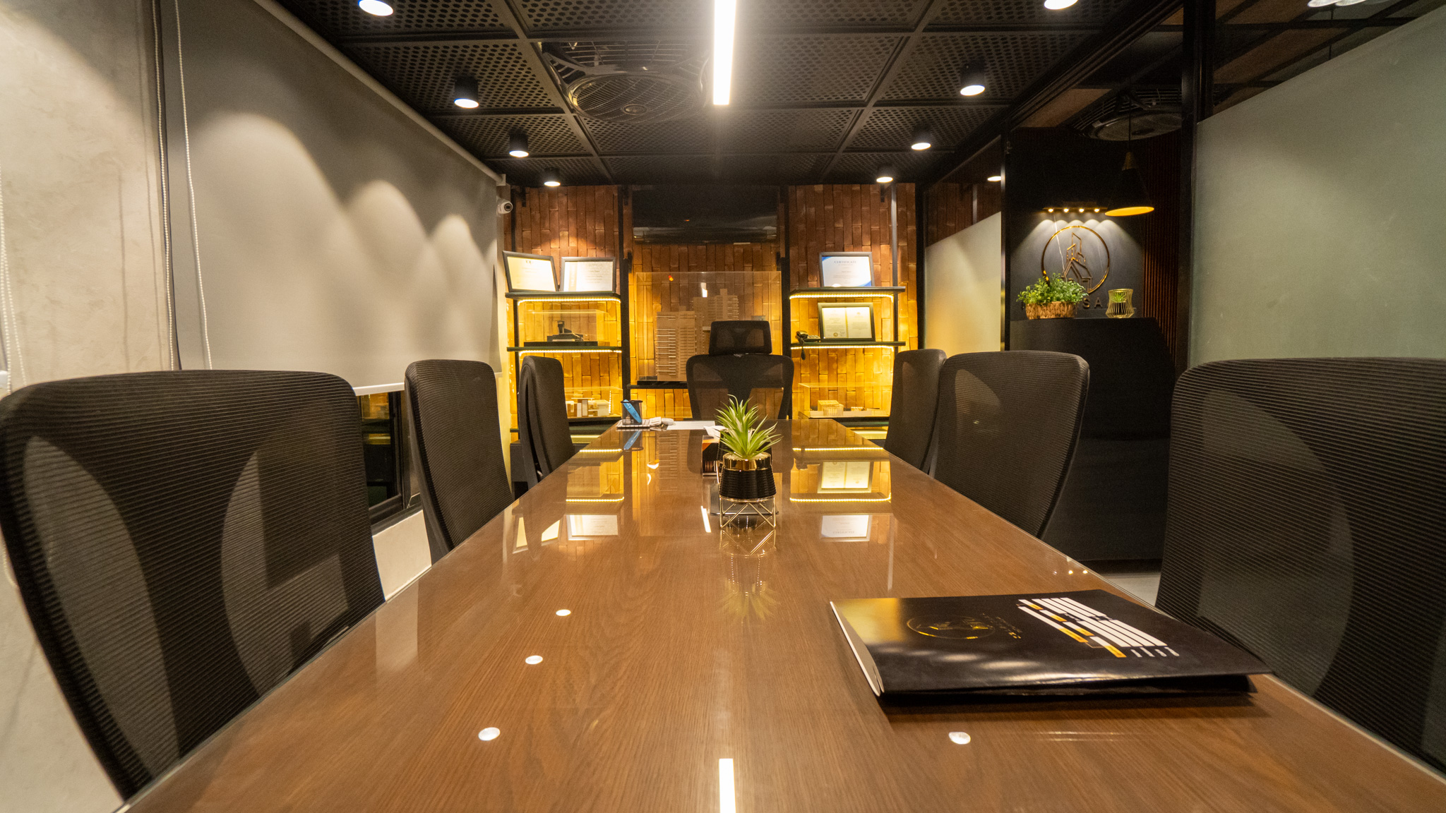 Library lounge with koi pond feature